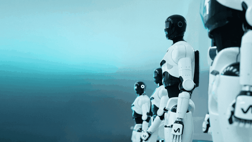 NEURA Robotics 4NE-1 humanoid robots in a line