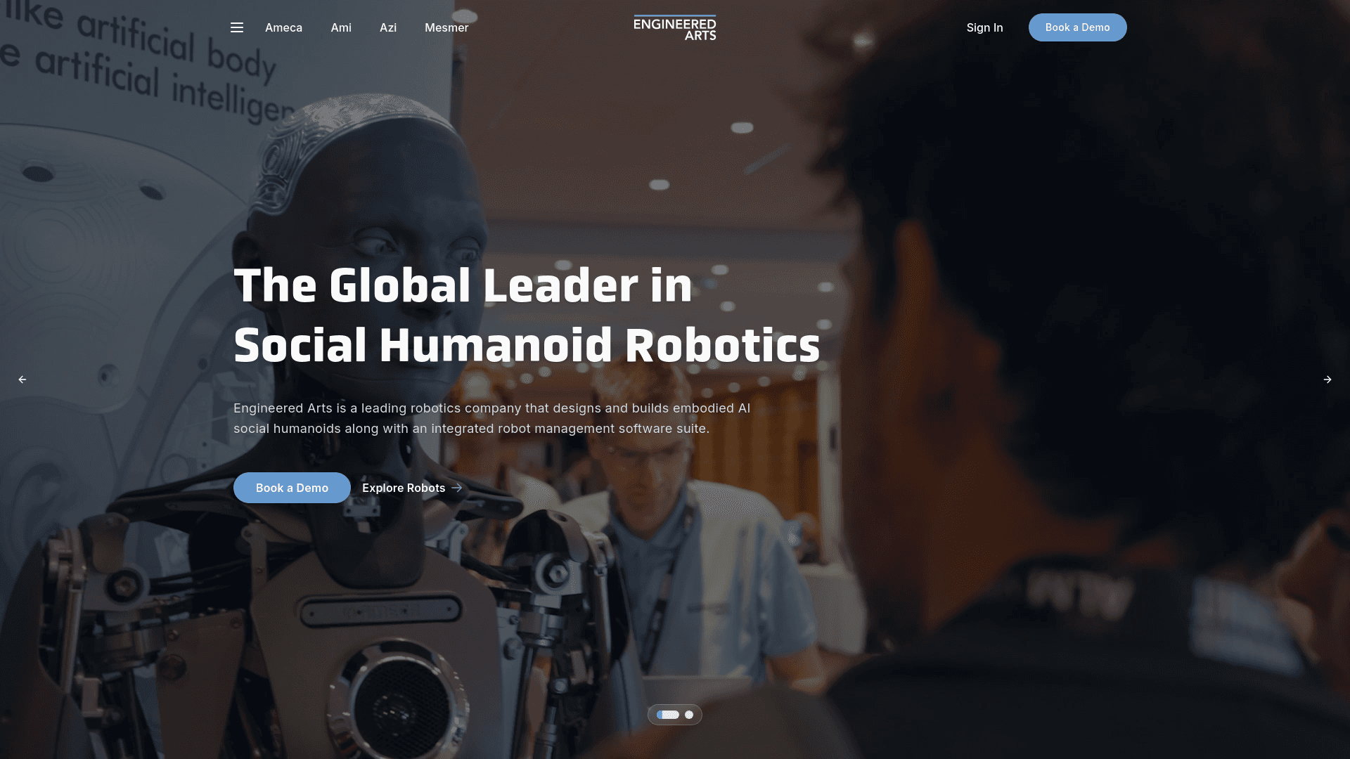 Ameca social humanoid robot shown on the official Engineered Arts website
